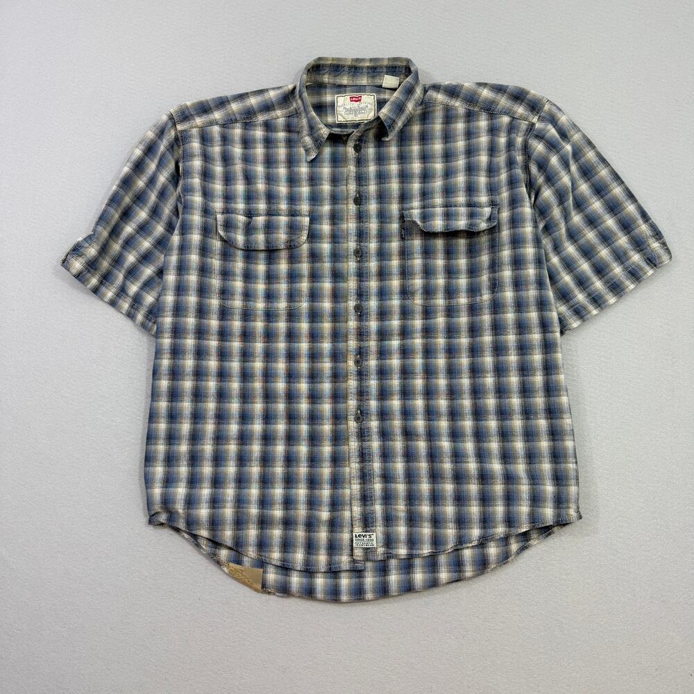 Vintage Levis Denim Plaid Short Sleeve Button Shirt Men's Extra Large 90s Rodeo